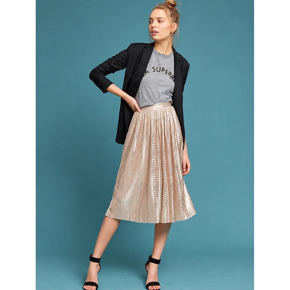 Anthropologie Sabina Musayev Champagne Silver Pleated Midi Skirt Size 6 Lined